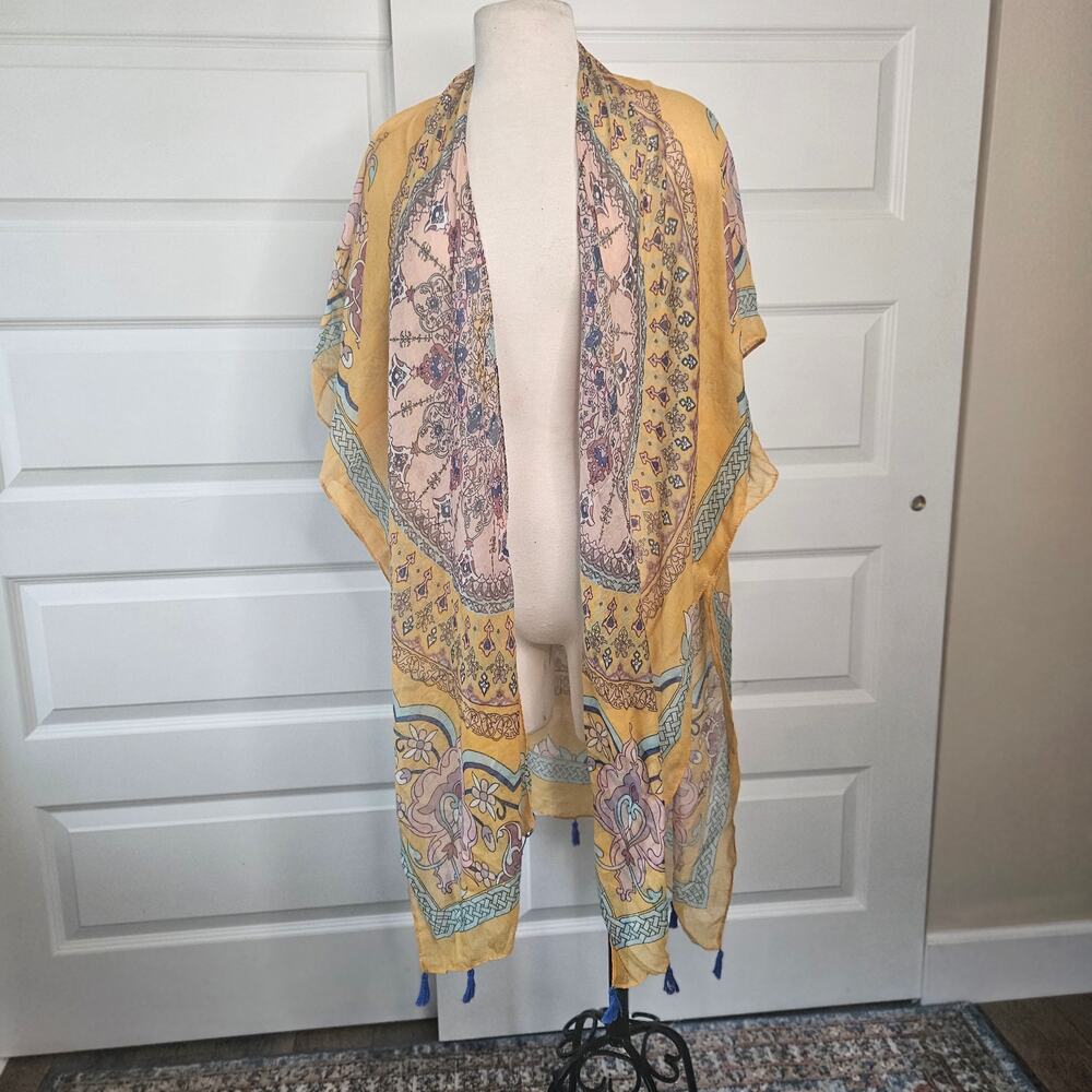 Woven Heart Yellow Boho Printed Kimono Cardigan with Tassels - Picture 2 of 7